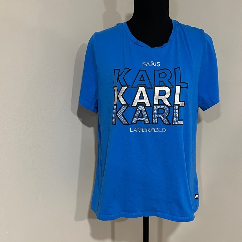 *KARL LAGERFELD* Blue x Rhinestone Graphic T-Shirt Size Large